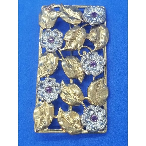 Vintage Rectangle Open Flowers Leaves Rhinestone Gold and Silver Tone Brooch Pin - Picture 2 of 5